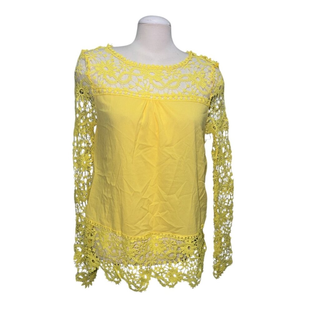 Yellow Crochet Lace Long Sleeve Blouse Top Size Large Lightweight Boho Chic Flor